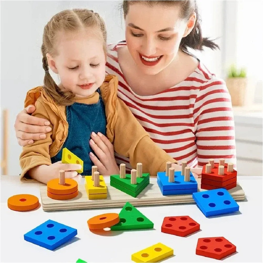 Wooden Rectangle Multicolor Geometric Shapes Sorter